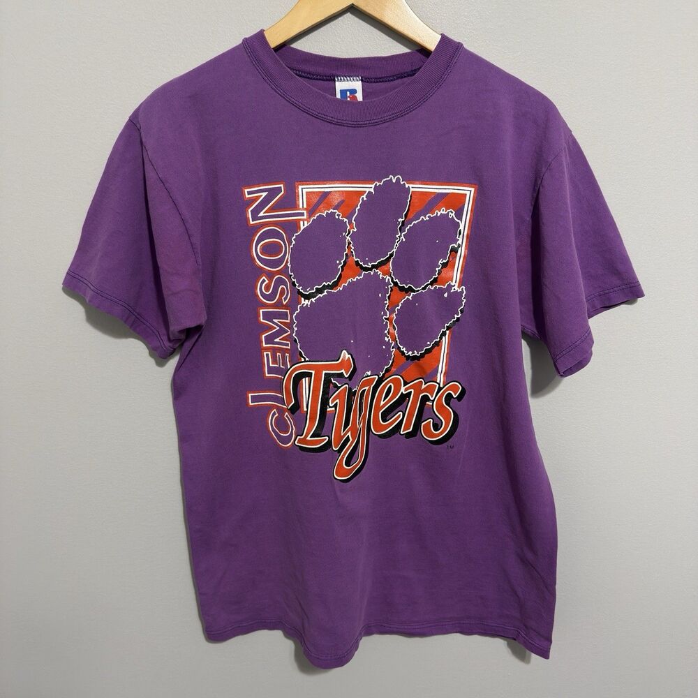 Vintage Clemson Tigers T Shirt Mens L Russell Athletic Purple USA Made